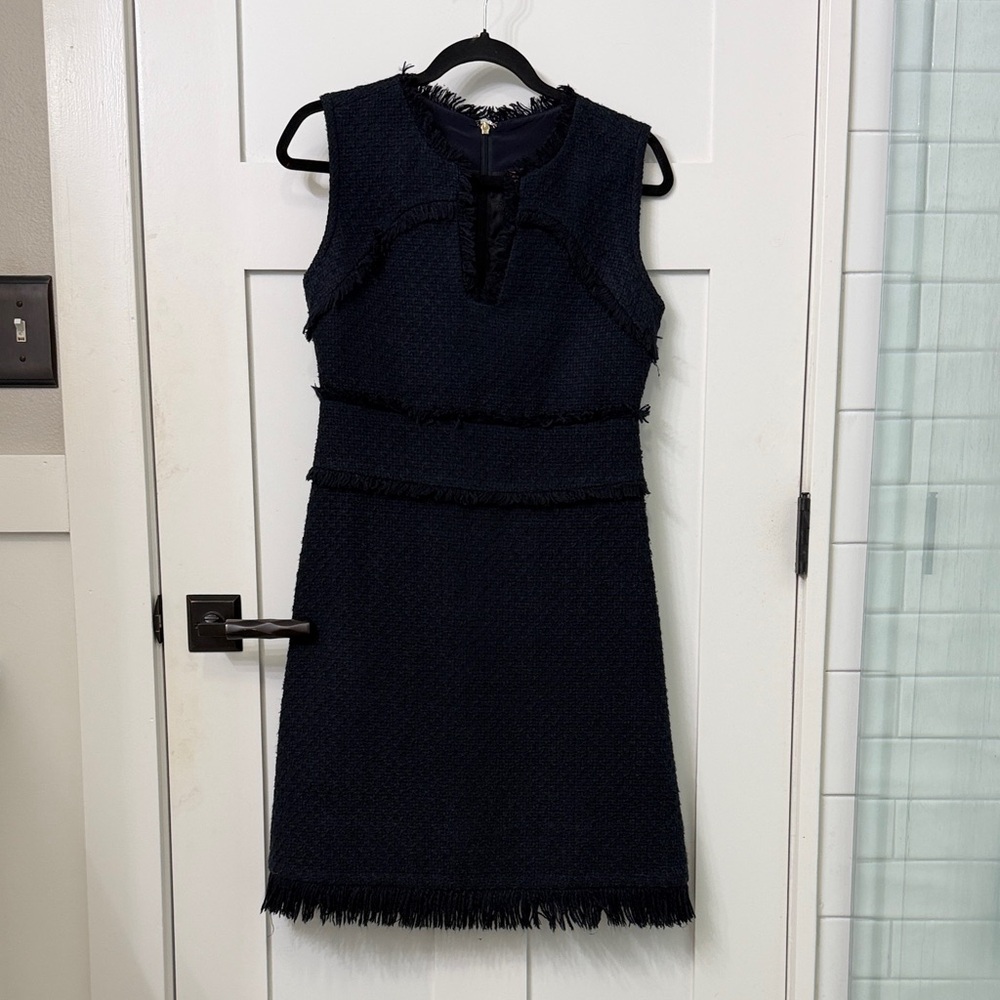 Tory Burch Natalia Tweed Fringe Dress In Navy